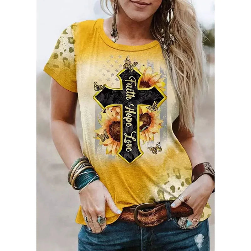 New Jesus Cross Leopard 3D Print T-shirt Women