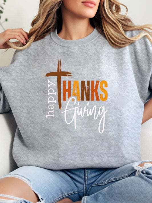 Happy Thanksgiving Cross Print Crewneck Sweatshirt