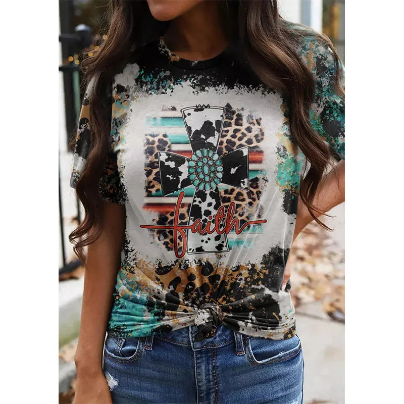 New Jesus Cross Leopard 3D Print T-shirt Women