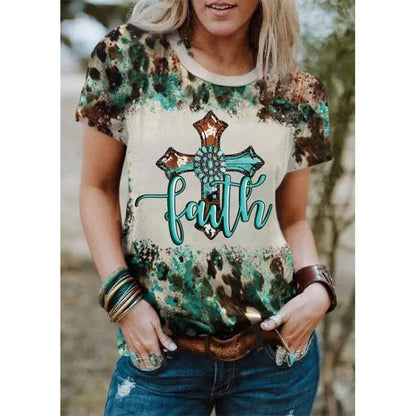 New Jesus Cross Leopard 3D Print T-shirt Women